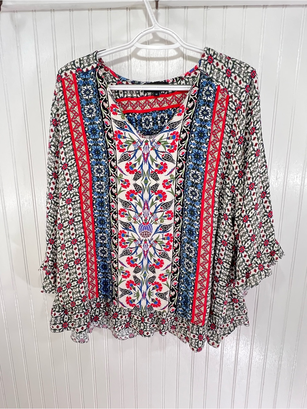 Cynthia Rowley 1X Plus Boho Multicolor Floral Paisley Ruffle Hem Popover Blouse
